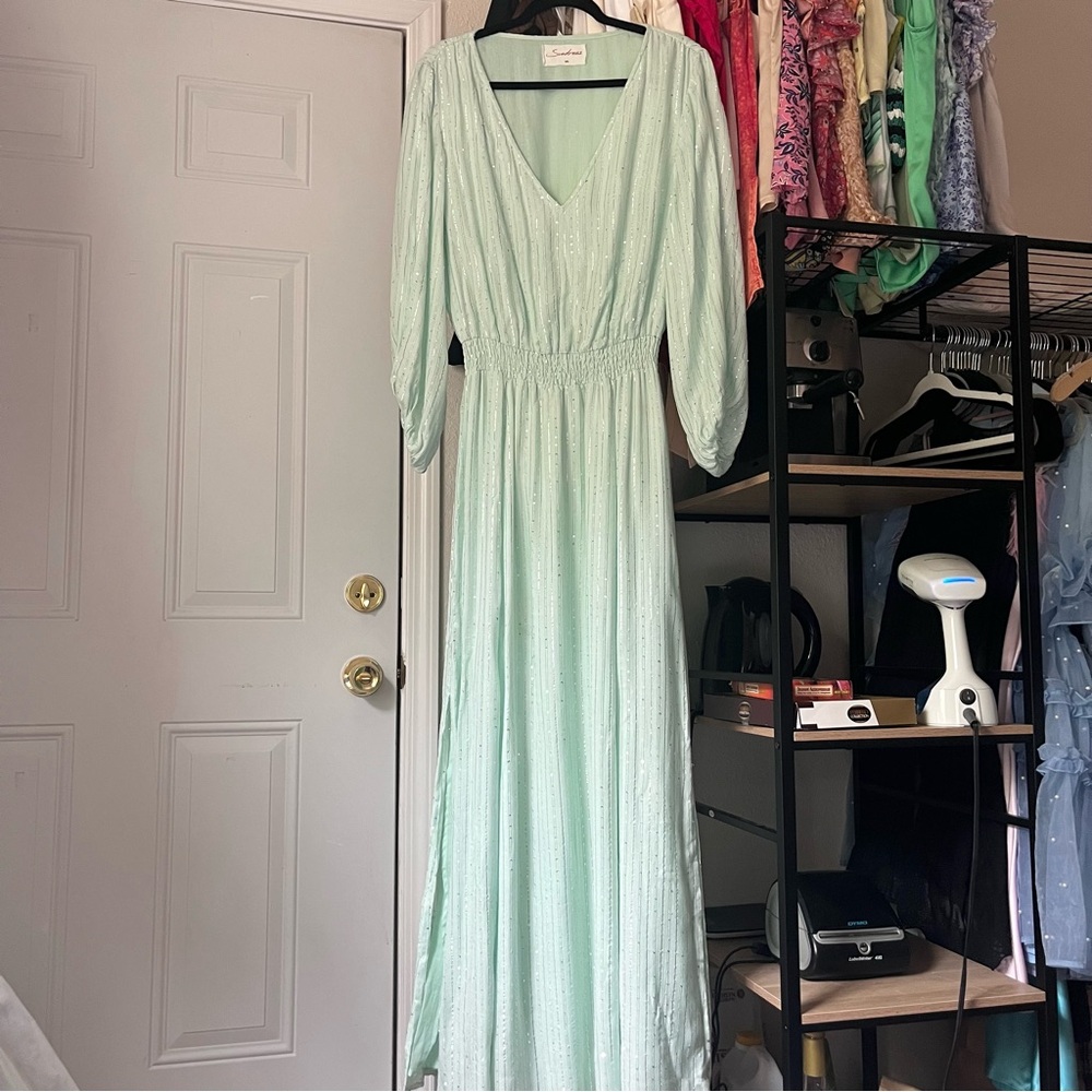 SUNDRESS light mint green sequin glitter metallic stripe gauze puff‎ sleeve maxi